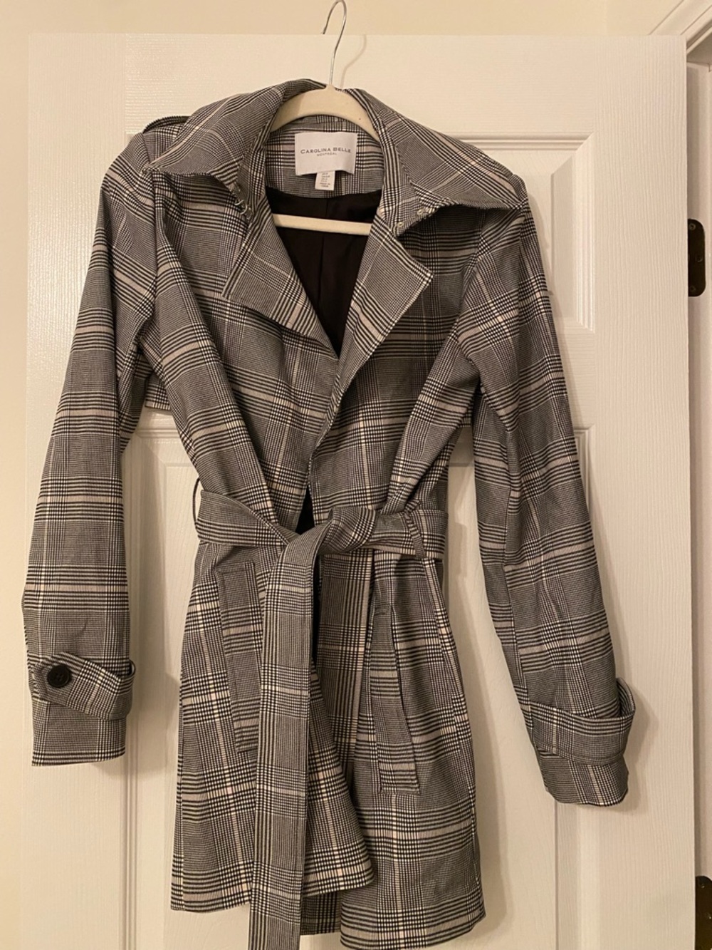 Carolina Belle Black and Gray Plaid Tie-Waist Trench Coat